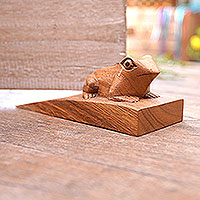 Wood doorstop, 'Helpful Toad in Brown' - Handcrafted Suar Wood Frog Doorstop in Brown from Bali