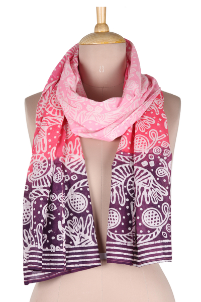 Cotton batik scarf, 'Water World in in Rose' - Hand Printed Underwater Cotton Batik Scarf