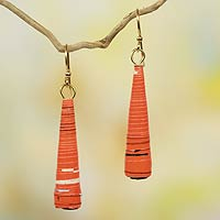 Recycled paper dangle earrings, 'Heartfelt Laughter' - Orange Paper Recycled Earrings
