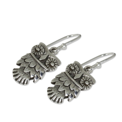 Sterling silver dangle earrings, 'Owl Love' - Hand Crafted Owl Dangle Earrings in Sterling Silver 925