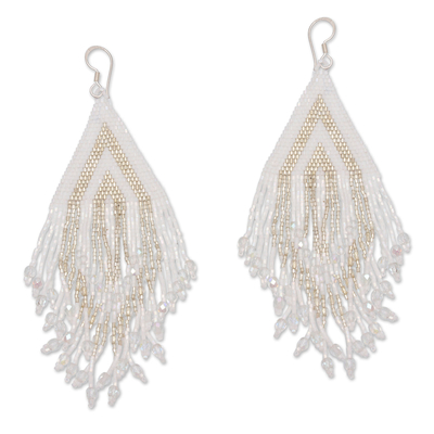 Glass beaded waterfall earrings, 'White Arrow' - Huichol White and Taupe Beadwork Waterfall Earrings