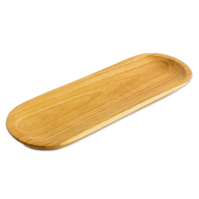 Teak wood serving tray, 'Family Time' - Handcrafted Natural Grain Teak Wood Long Serving Tray