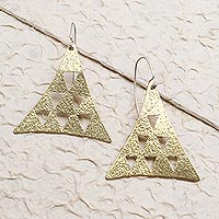 Brass dangle earrings, 'Margarana Monument' - Brass and Sterling Silver Triangular Dangle Earrings
