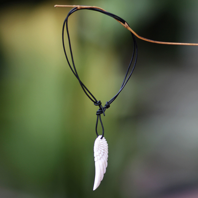Men's leather and bone pendant necklace, 'Angel Wing' - Hand Carved Angel Wing Men's  Necklace  on Black Leather