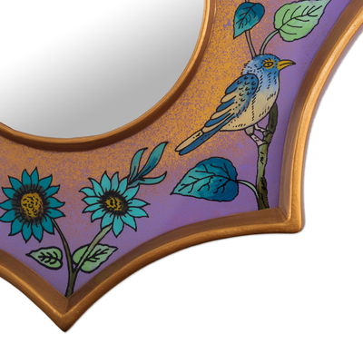 Reverse-painted glass wall accent mirror, 'Birds of Peru in Purple' - Small Wall Accent Mirror