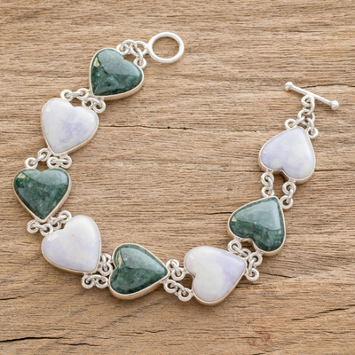 Jade heart bracelet, 'Soul Mates' - Handcrafted Heart Shaped Sterling Silver Link Jade Bracelet