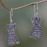 Sterling silver dangle earrings, 'Balinese Cat'