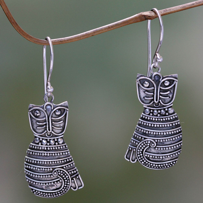 Sterling silver dangle earrings, 'Balinese Cat' - Sterling Silver Dangle Feline Earrings