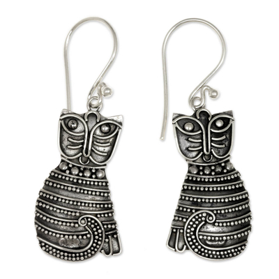 Sterling silver dangle earrings, 'Balinese Cat' - Sterling Silver Dangle Feline Earrings