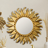 Wood wall mirror, 'Sun Center' - Round Wood and Bronze Leaf Sun Wall Mirror
