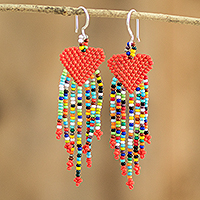 Glass bead waterfall earrings, 'Rainbow Heart Shower' - Heart and Rainbow Beaded Waterfall Earrings from Guatemala