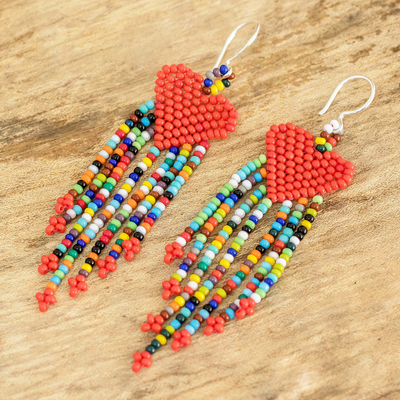 Glass bead waterfall earrings, 'Rainbow Heart Shower' - Heart and Rainbow Beaded Waterfall Earrings from Guatemala