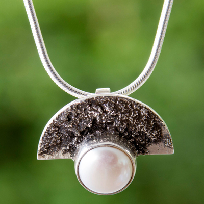 Grey Pearl Pendant on Modern Sterling Silver Necklace, 'Bold Combination'