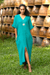 Cotton shift dress, 'Leisurely Sea Green' - Sea Green Cotton V-Neck Long Crinkle Cotton Dress (image 2) thumbail