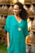 Cotton shift dress, 'Leisurely Sea Green' - Sea Green Cotton V-Neck Long Crinkle Cotton Dress (image 2c) thumbail