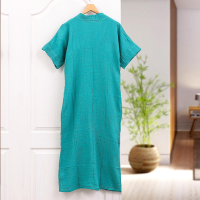 Vestido recto de algodón - Vestido largo de algodón arrugado con escote en pico de algodón verde mar