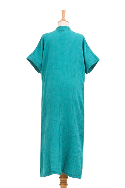 Vestido recto de algodón - Vestido largo de algodón arrugado con escote en pico de algodón verde mar