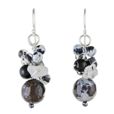 Quartz and onyx dangle earrings, 'Lovely Blend in Black' - Quartz and Onyx Dangle Earrings from Thailand