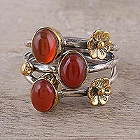 Onyx cocktail ring, 'Daylight Gala' - Floral Red-Orange Onyx Cocktail Ring from India