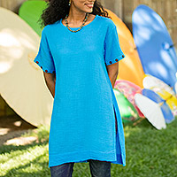 Short-sleeved cotton tunic, 'Out of Office in Cyan' - Long Turquoise Blue Cotton Tunic