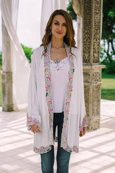 Embroidered cotton kimono jacket, 'Lily Blossom in White' - Embroidered Cotton Kimono Jacket from Bali