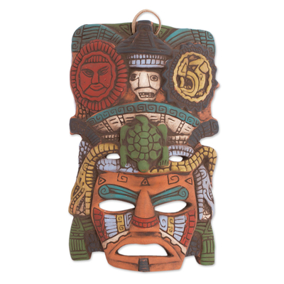 Máscara de cerámica, 'Tortuga Sol y Luna' - Máscara de tortuga maya de cerámica pintada a mano de México