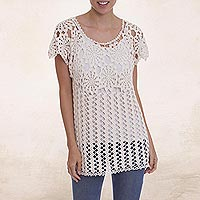 100% pima cotton top, 'Flower Power' - Ivory 100% Pima Cotton Hand Crocheted Floral Themed Top