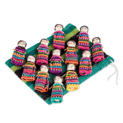 Muñecas de preocupación de algodón, 'Una docena de amigos' (juego de 12) - 12 figuras de muñecas de preocupación de algodón hechas a mano en Guatemala