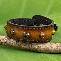 Tiger's eye and leather wristband bracelet, 'Golden Meteor'
