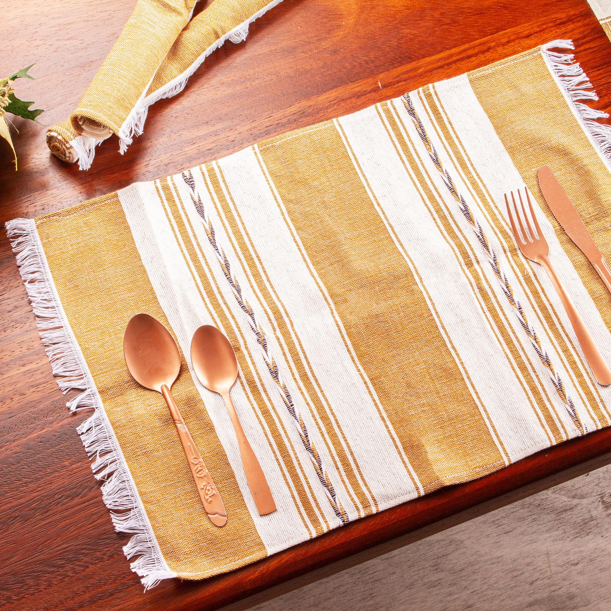 Four Hand Woven Brown and Beige Cotton Zapotec Placemats, 'Oaxaca Earth'