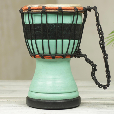 Wood mini-djembe drum, 'Green Invitation to Peace' - Green Decorative Djembe Drum Artisan Crafted in West Africa