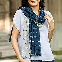 Cotton scarf, 'Night Field' - Blue and White Cotton Scarf from Thailand
