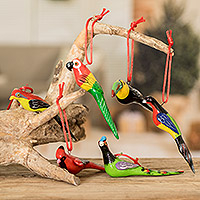 Ceramic ornaments, 'Forest Birds' (set of 6)