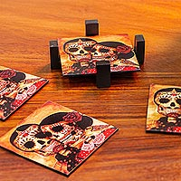 Decoupage wood coasters, 'Day of the Dead Romance' (set of 4)