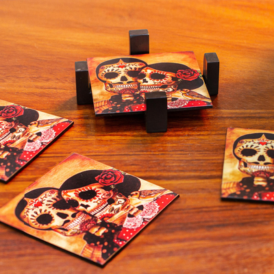 Decoupage wood coasters, Day of the Dead Romance (set of 4)