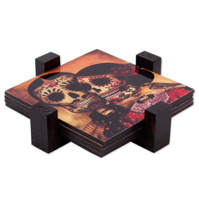 Decoupage wood coasters, 'Day of the Dead Romance' (set of 4) - Set of 4 Decoupage Coasters with Day of the Dead Theme