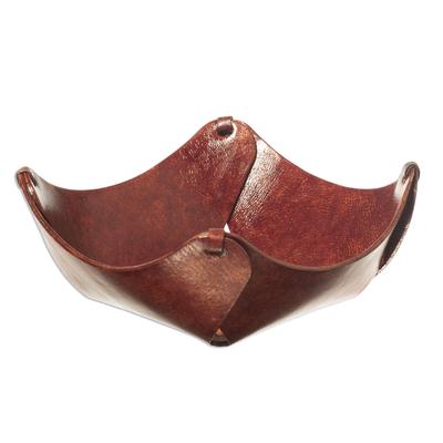 Leather catchall, 'Gothic Star' - Andean Floral Hand Tooled Leather Catchall in Dark Brown