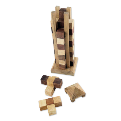 Wood puzzle, 'Babylon Tower' - Hand Made Wood Tower Puzzle Game from Thailand