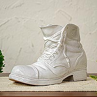 Ceramic figurine, 'Sturdy White Boot' - Realistic White Boot Ceramic Figurine from Mexico