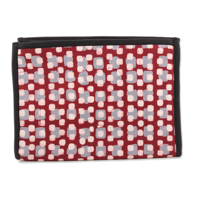 Batik cotton clutch, 'Dancing Bubbles in Burgundy' - Spotted Batik Cotton Clutch in Burgundy and Grey from India