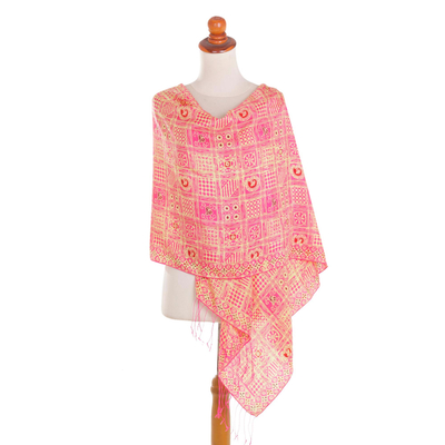 Silk batik shawl, 'Ceplok Temple Fuchsia' - Pink Hand Dyed Batik Silk Shawl with Ceplok Motif from Java
