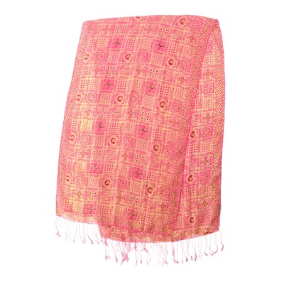Silk batik shawl, 'Ceplok Temple Fuchsia' - Pink Hand Dyed Batik Silk Shawl with Ceplok Motif from Java