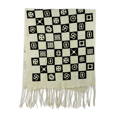 Cotton shawl, 'Collective Wisdom' - Silk Screen Handwoven Cotton Shawl from Ghana