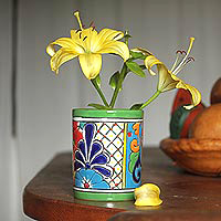 Ceramic vase, 'Colorful Bouquet' - Cylindrical Talavera-Style Ceramic Vase from Mexico