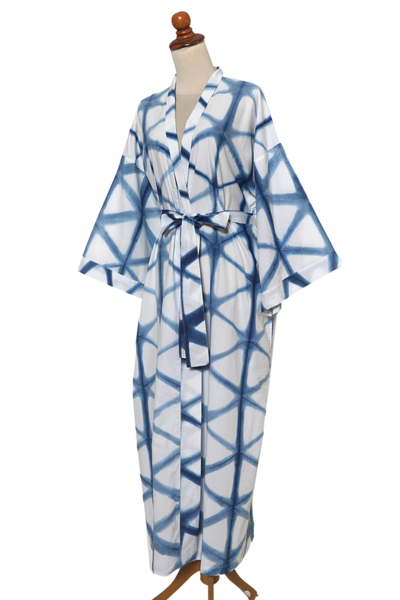 Natural dyes hand woven cotton robe, 'Web of Life' - Natural Indigo and White Print All Cotton Kimono