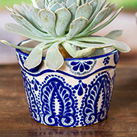 Ceramic flower pot, 'Cobalt Plume' - Handmade Talavera-Style Flower Pot