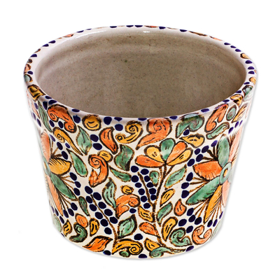 Ceramic flower pot, 'Puebla Garden' - 6-Inch Multicolor Talavera Style Ceramic Flower Pot