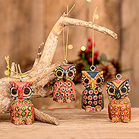 Wood ornaments, Charming Owls (set of 4)