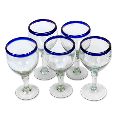 Wine goblets, 'Acapulco' (set of 5) - Handblown Glass Recycled Wine Glasses (Set of 5)