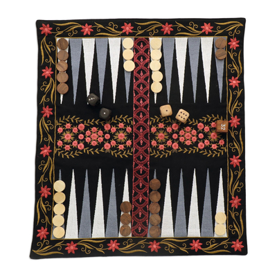 Cotton and wood backgammon set, 'Ganga Garden in Pink' - Canvas Travel Backgammon Set